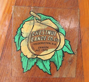 Original Chestnut Canoe logo decal on Ogilvy's mahogany bow deck